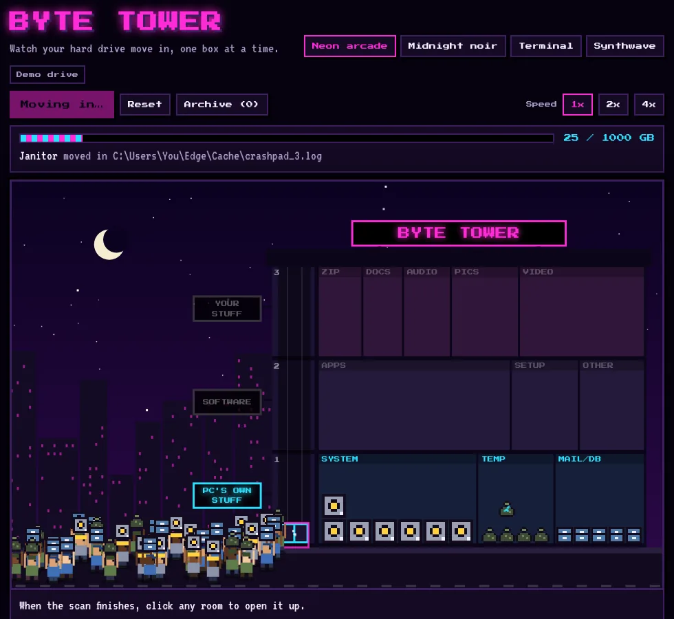 Byte Tower, a pixel-art tower where pixel movers carry boxes representing files from a hard drive