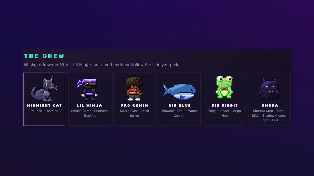 PawPad's six 16-bit buddies: a cat, a ninja, a ronin, a whale, a frog, and a shadow creature